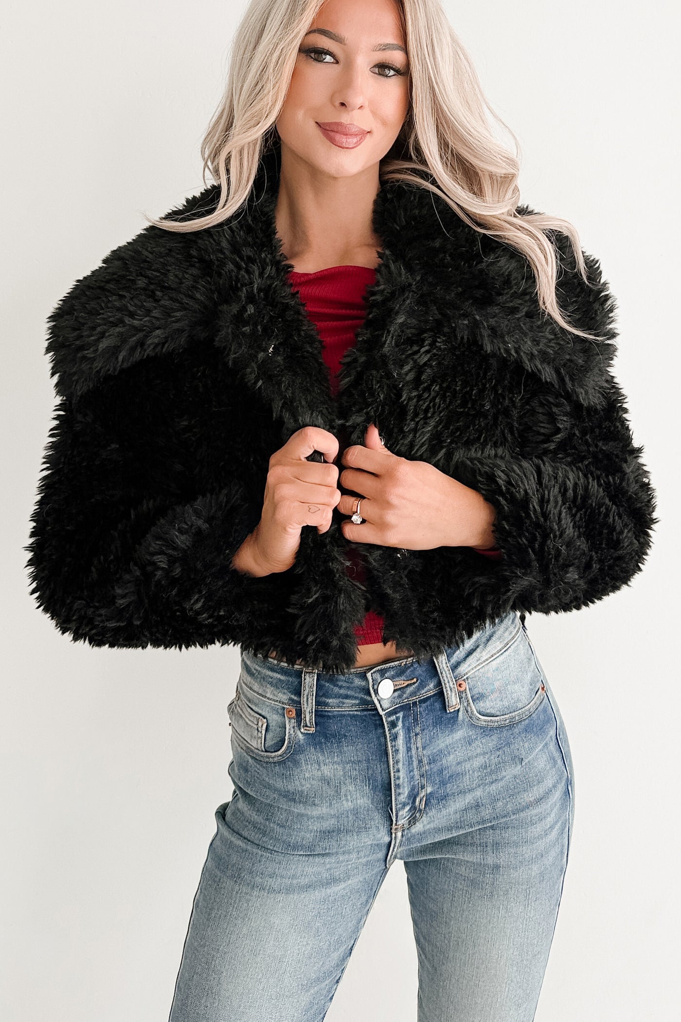 Strong Season Faux Fur Collared Jacket (Black) - NanaMacs