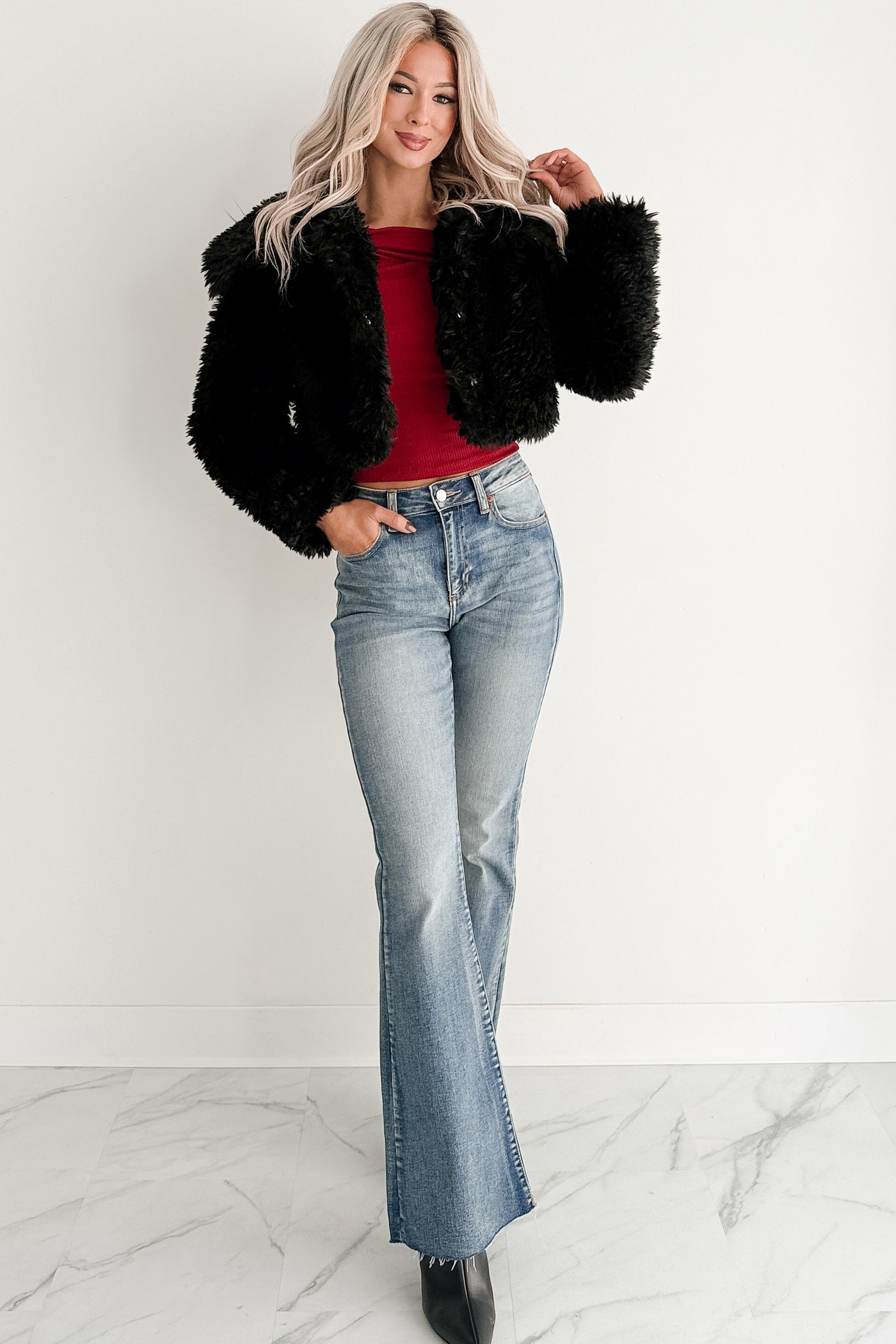 Strong Season Faux Fur Collared Jacket (Black) - NanaMacs
