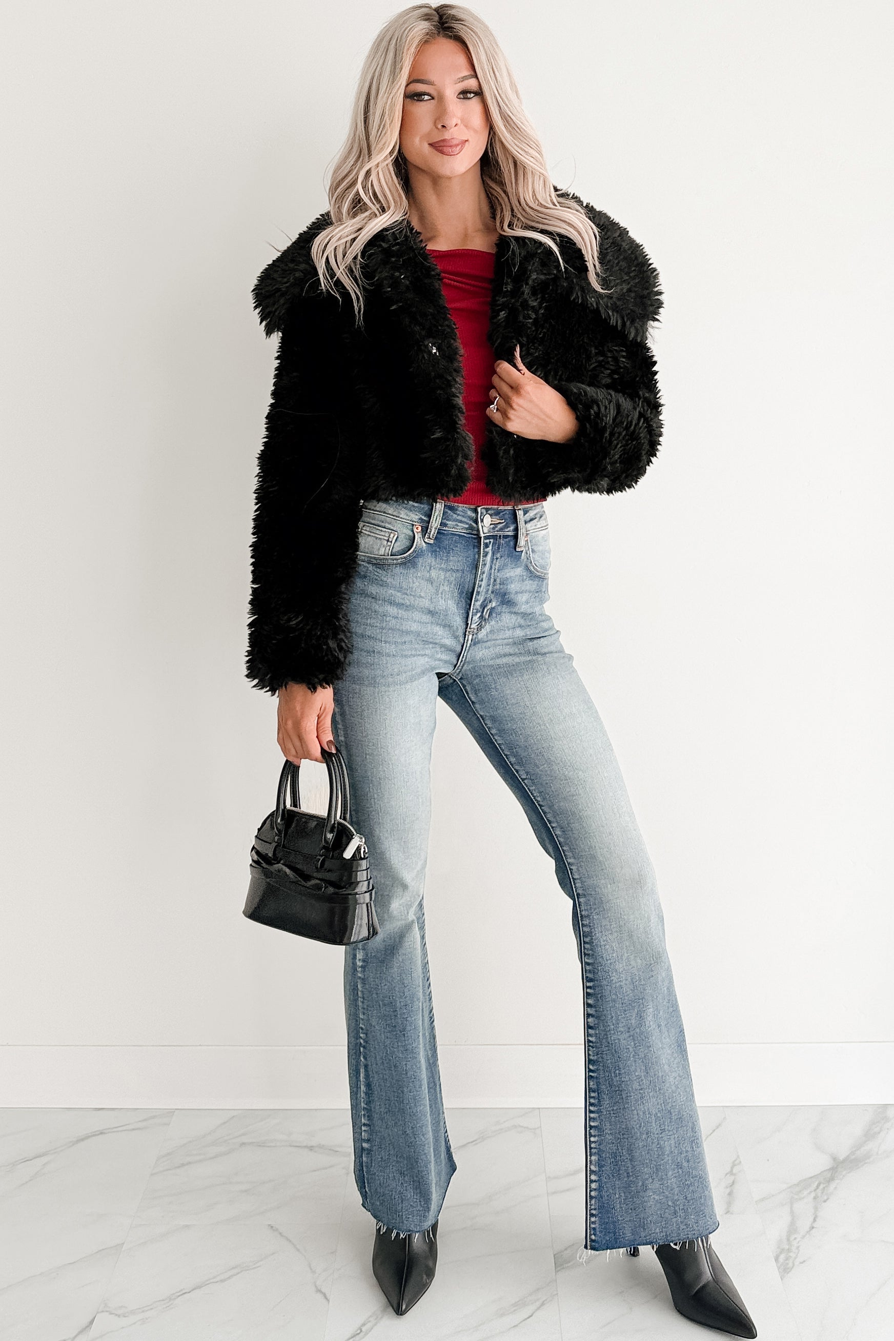 Strong Season Faux Fur Collared Jacket (Black) - NanaMacs