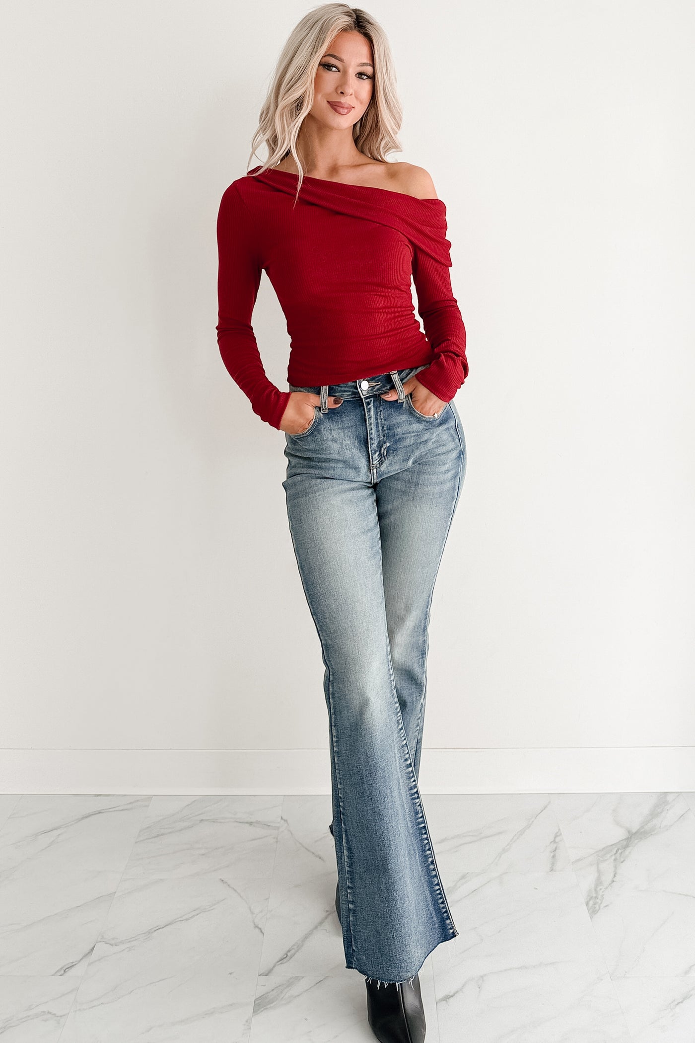 Luxe Basics One Shoulder Ribbed Top (Burgundy) - NanaMacs