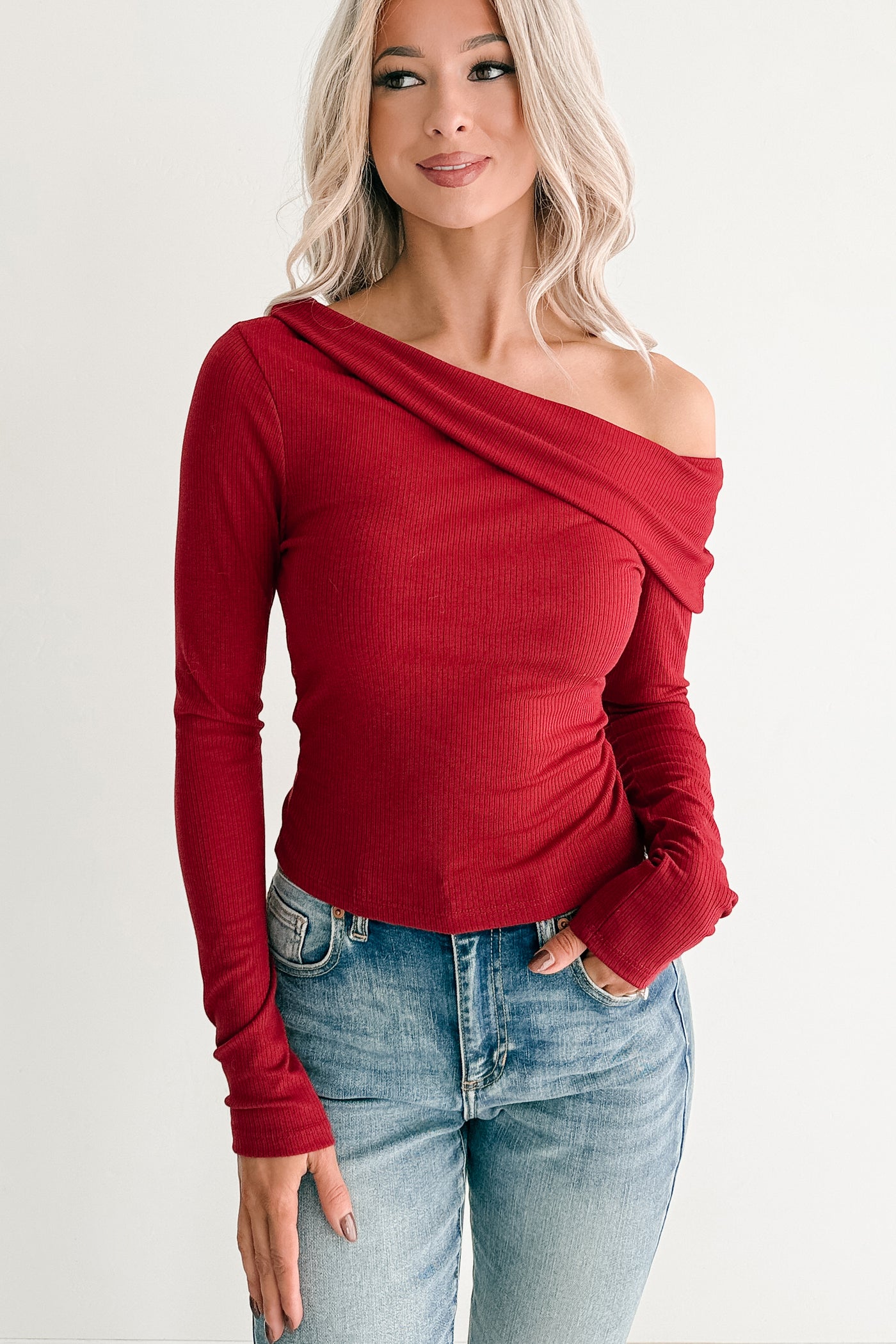 Luxe Basics One Shoulder Ribbed Top (Burgundy) - NanaMacs
