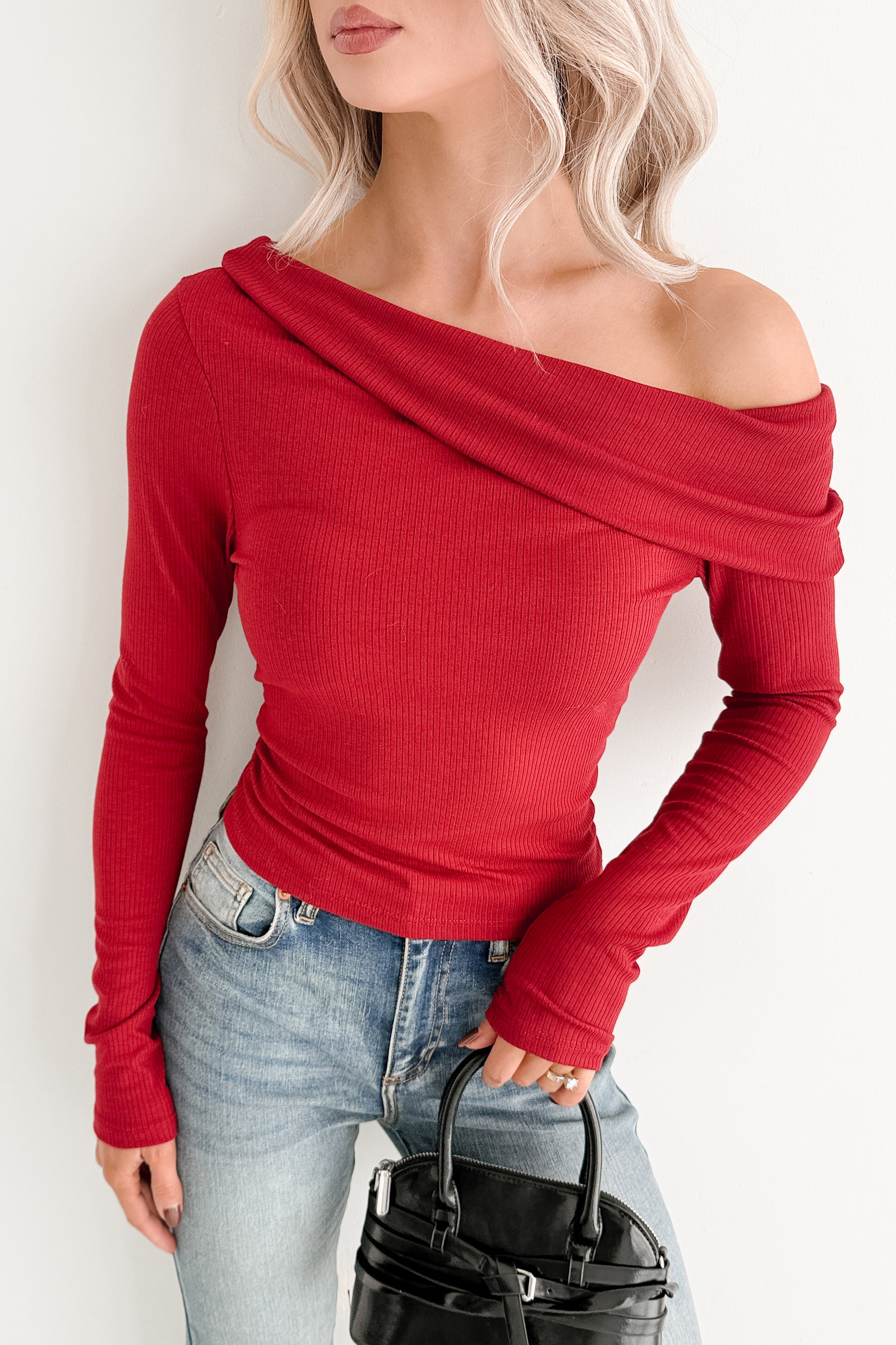 Luxe Basics One Shoulder Ribbed Top (Burgundy) - NanaMacs