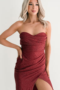 Glow Your Way Strapless Floral Midi Dress (Wine)