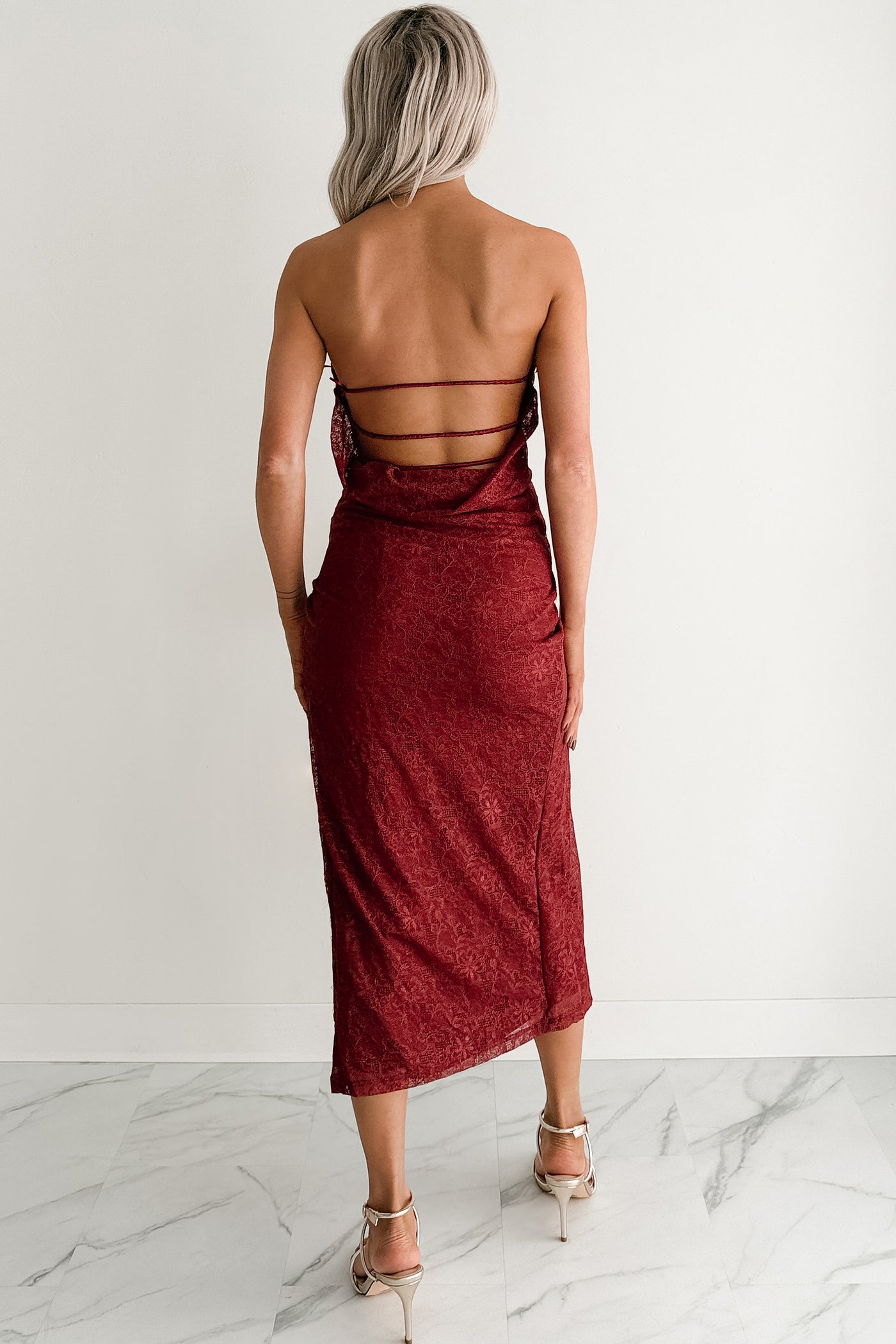 Glow Your Way Strapless Floral Midi Dress (Wine)