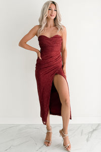 Glow Your Way Strapless Floral Midi Dress (Wine)