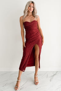 Glow Your Way Strapless Floral Midi Dress (Wine)