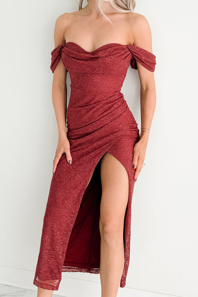 Loudly Her Off The Shoulder Glitter Lace Midi Dress (Burgundy)
