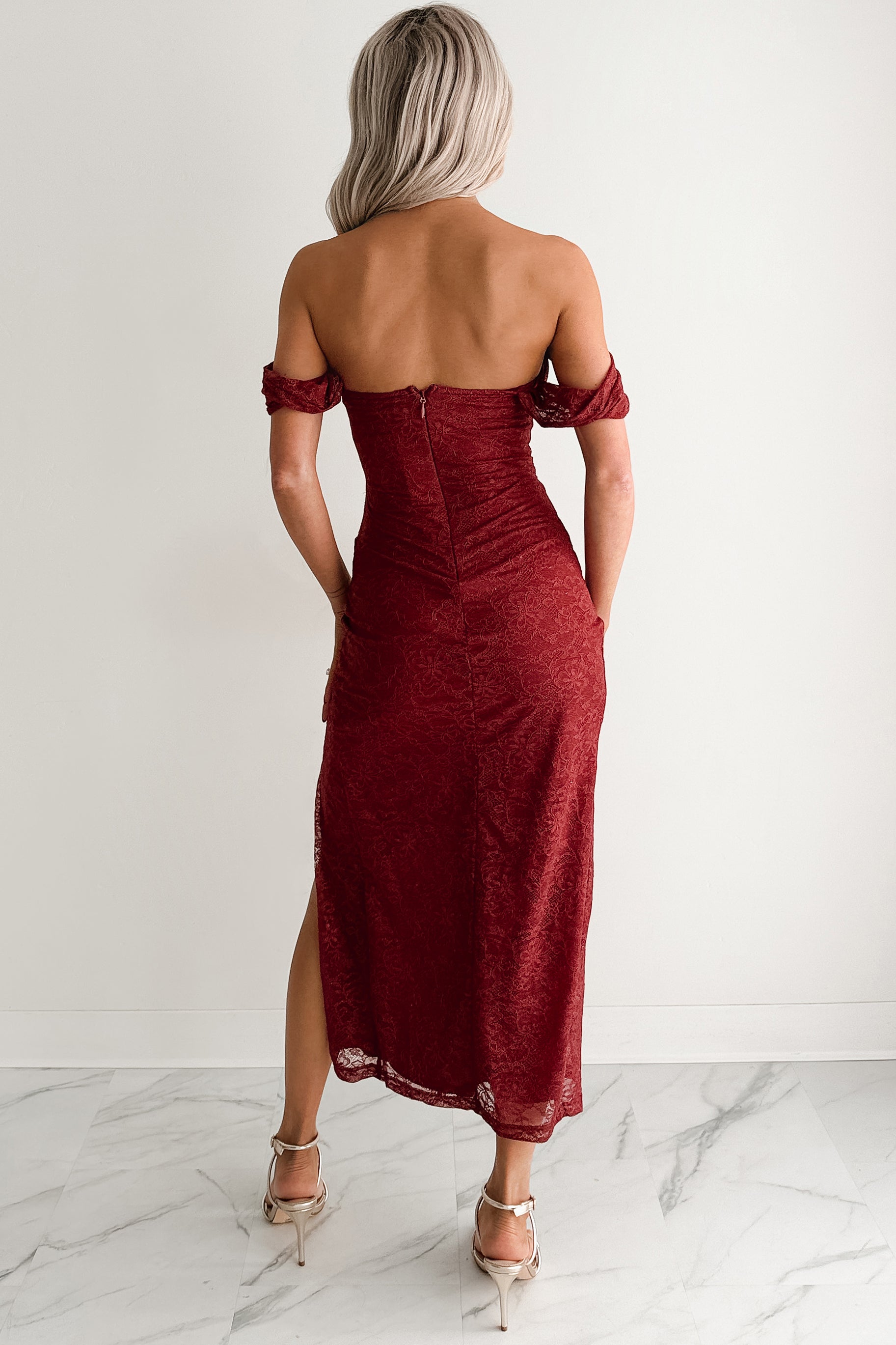 Women's Loudly Her Off The Shoulder Glitter Lace Midi Dress in Burgundy Women's Loudly Her Off The Shoulder Glitter Lace Midi Dress in Burgundy