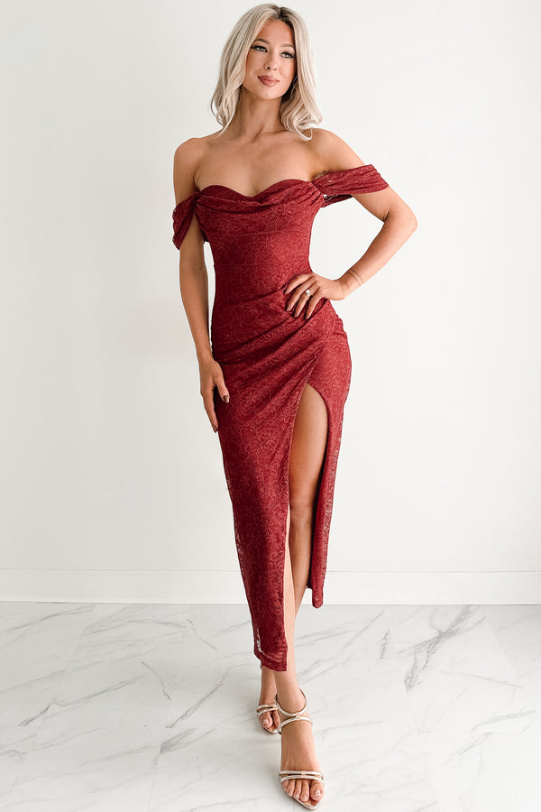 Loudly Her Off The Shoulder Glitter Lace Midi Dress (Burgundy)