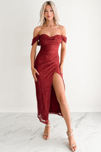 Loudly Her Off The Shoulder Glitter Lace Midi Dress (Burgundy) - NanaMacs