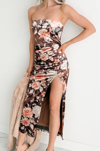 Give & Grow Strapless Velvet Midi Dress (Brown)