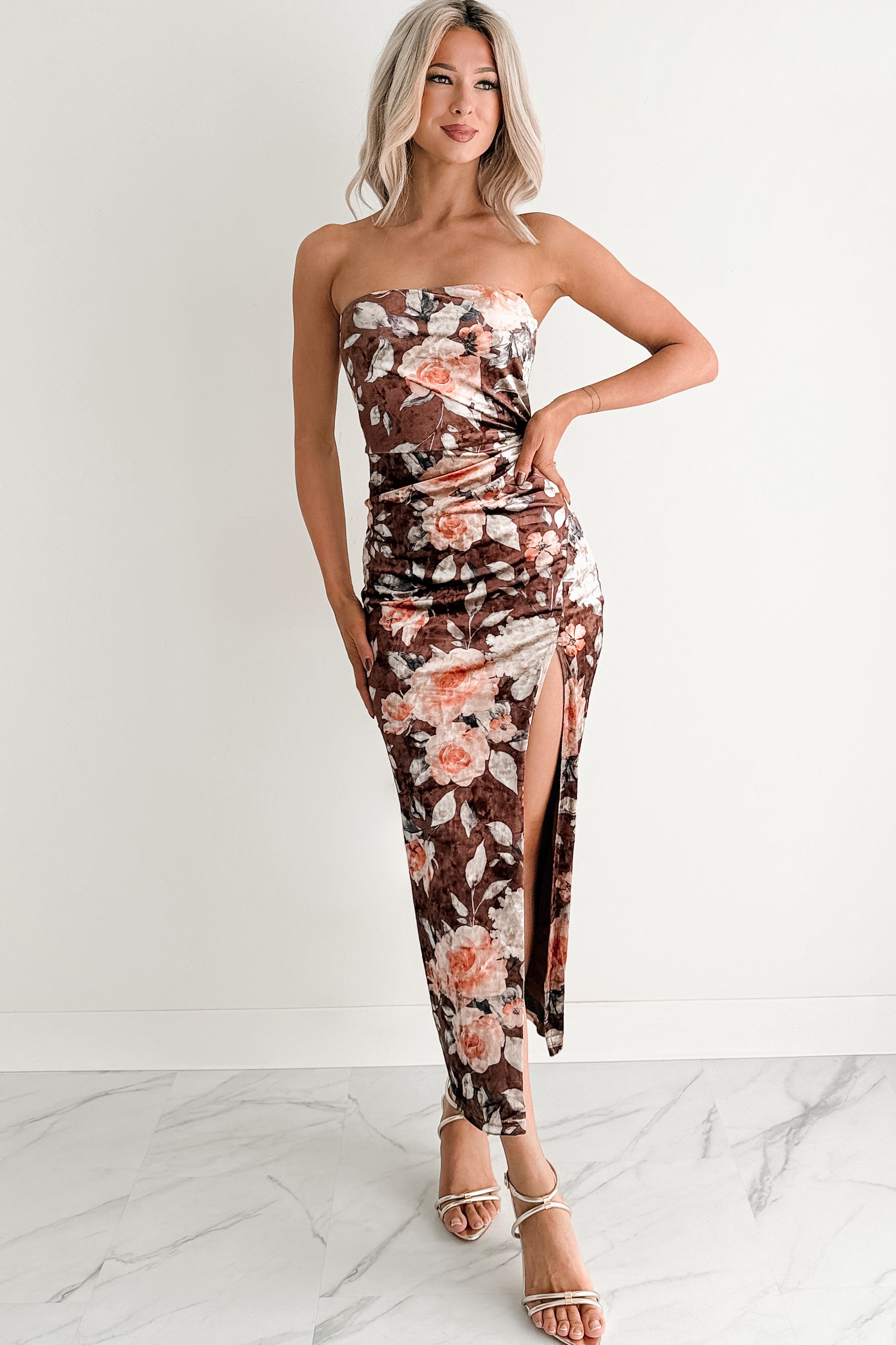 Give & Grow Strapless Velvet Midi Dress (Brown)