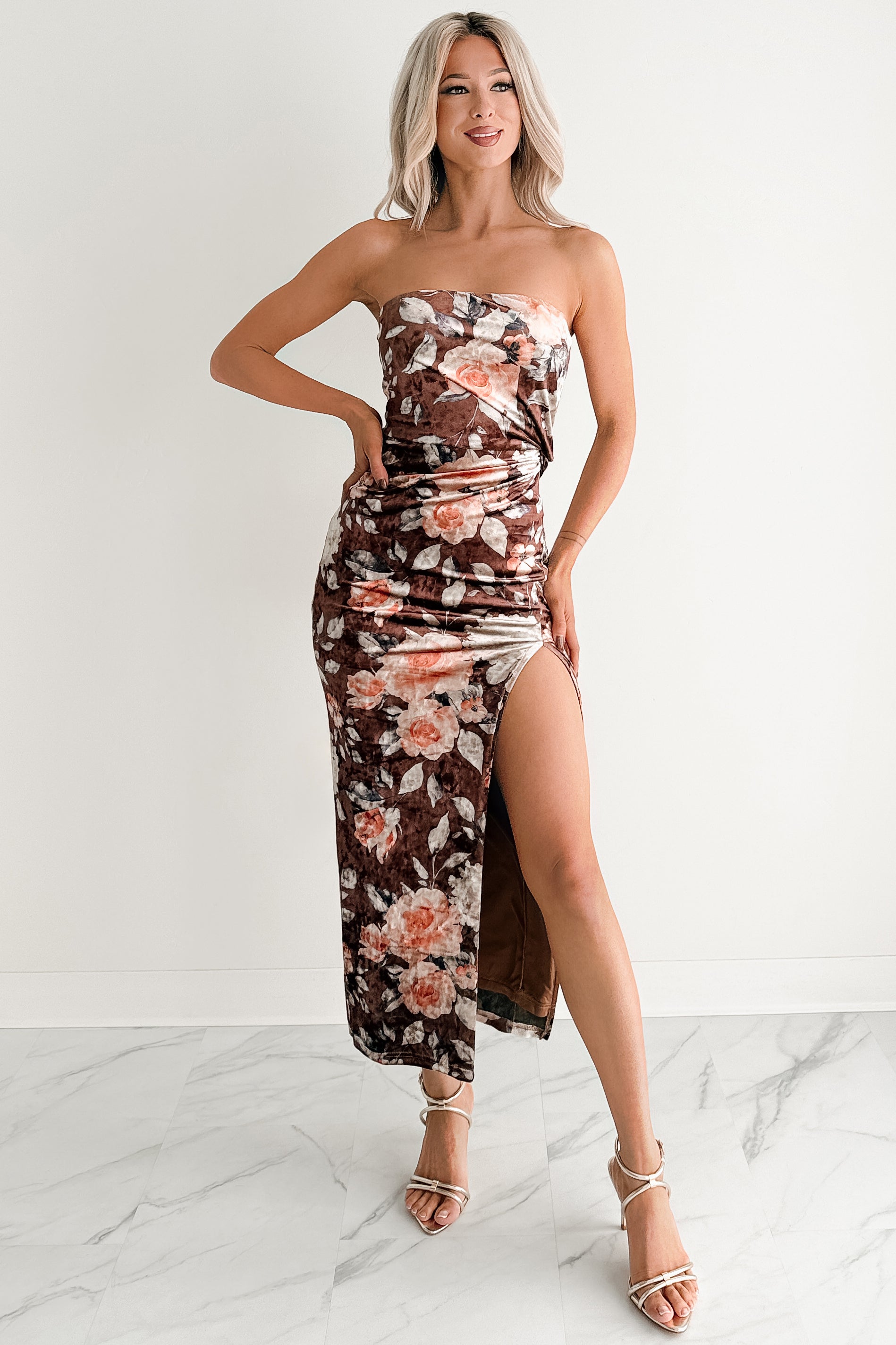 Give & Grow Strapless Velvet Midi Dress (Brown)