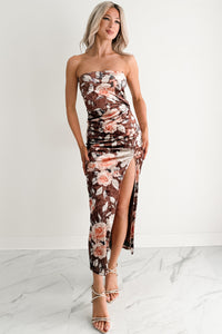 Give & Grow Strapless Velvet Midi Dress (Brown)