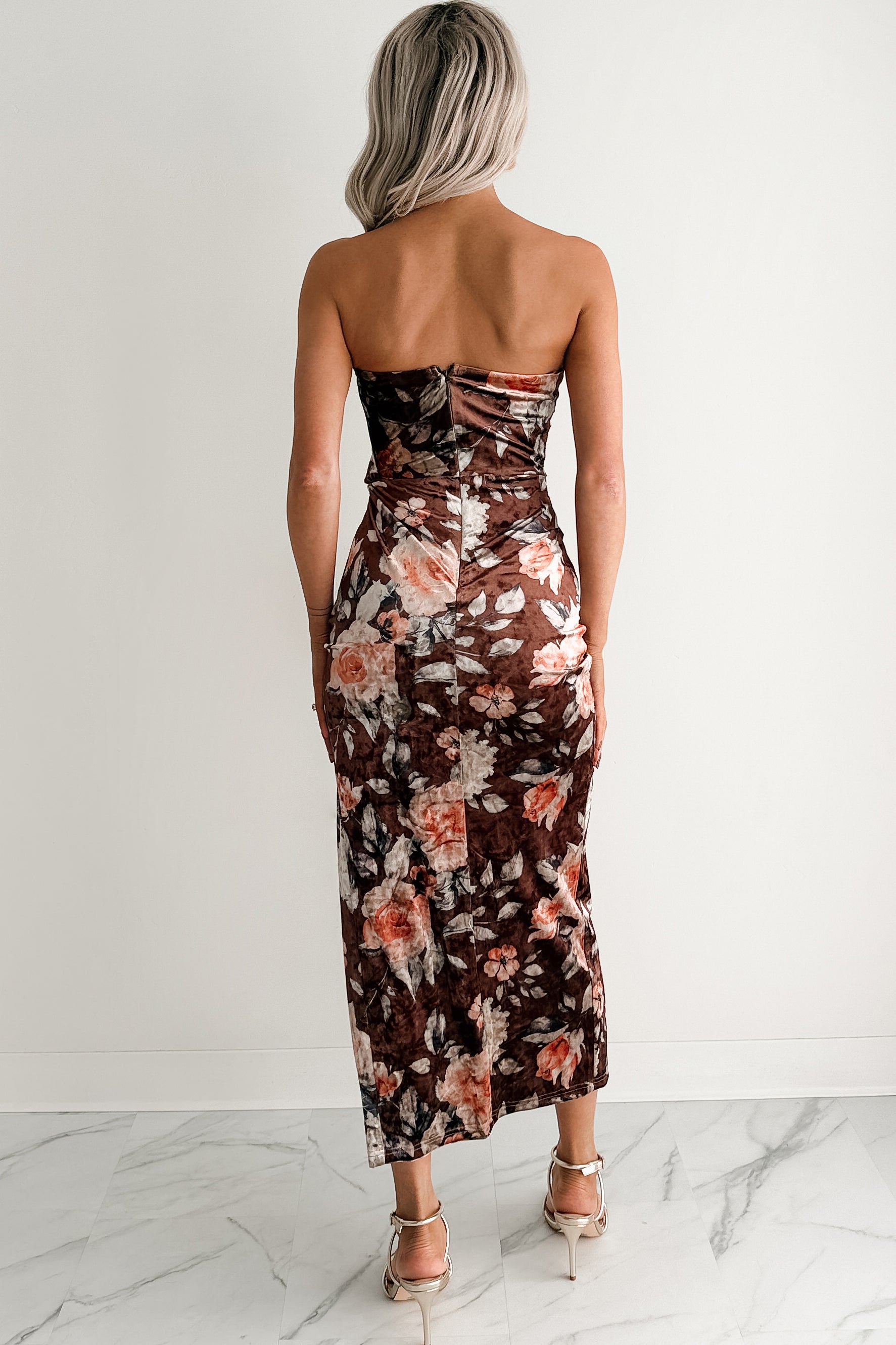 Give & Grow Strapless Velvet Midi Dress (Brown)