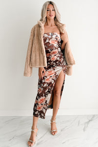 Give & Grow Strapless Velvet Midi Dress (Brown)