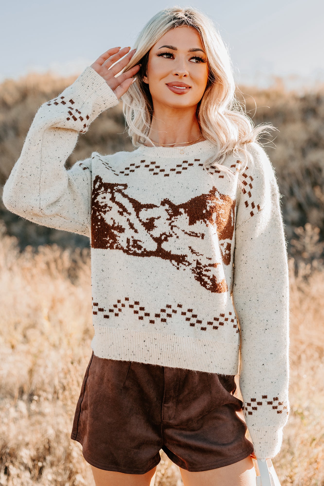 Rodeo Radiance Horse Pattern Knit Sweater (Oatmeal) - NanaMacs
