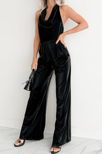 Meant To Win Faux Leather Halter Jumpsuit (Black) - NanaMacs