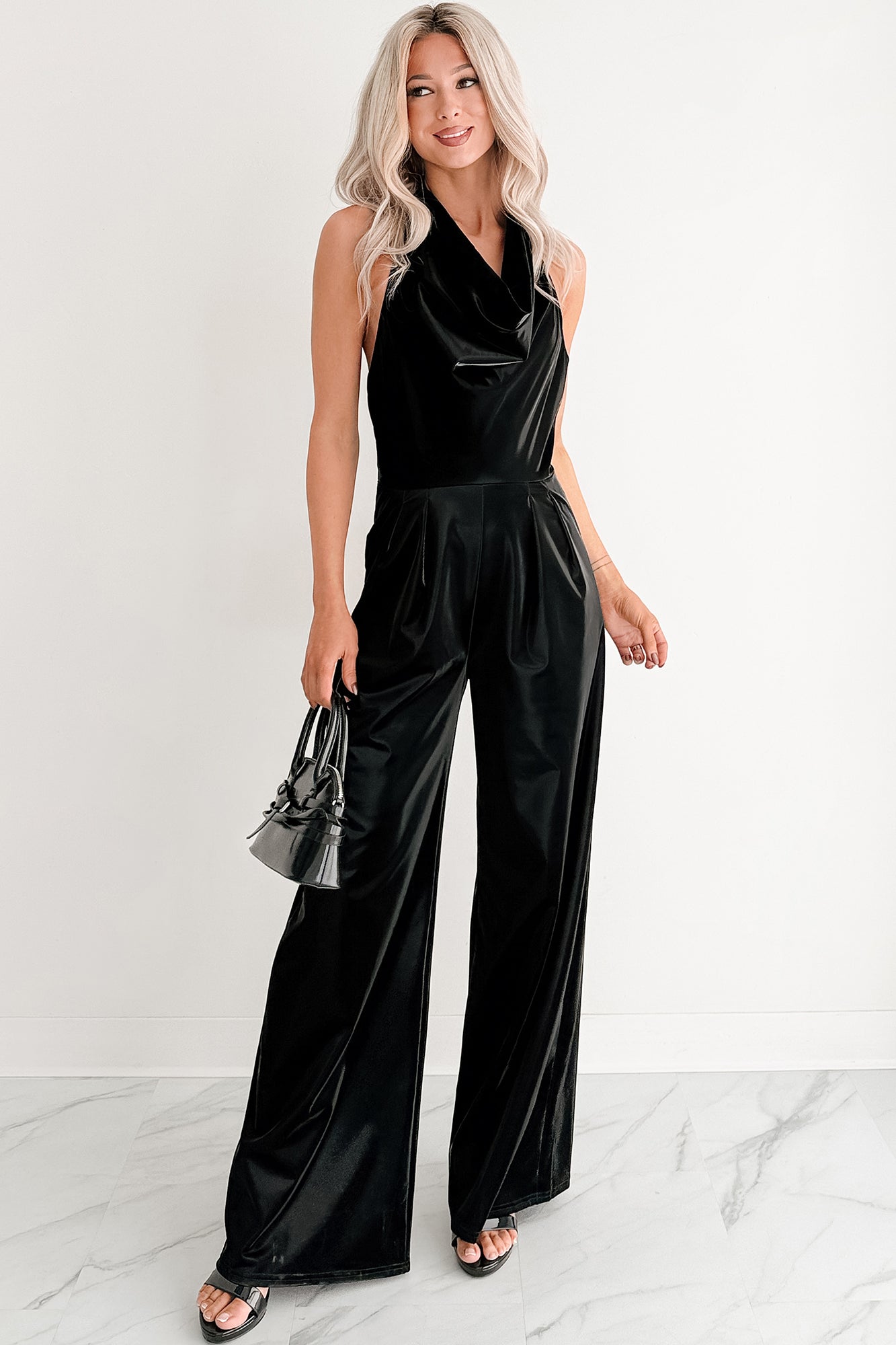 Meant To Win Faux Leather Halter Jumpsuit (Black) - NanaMacs