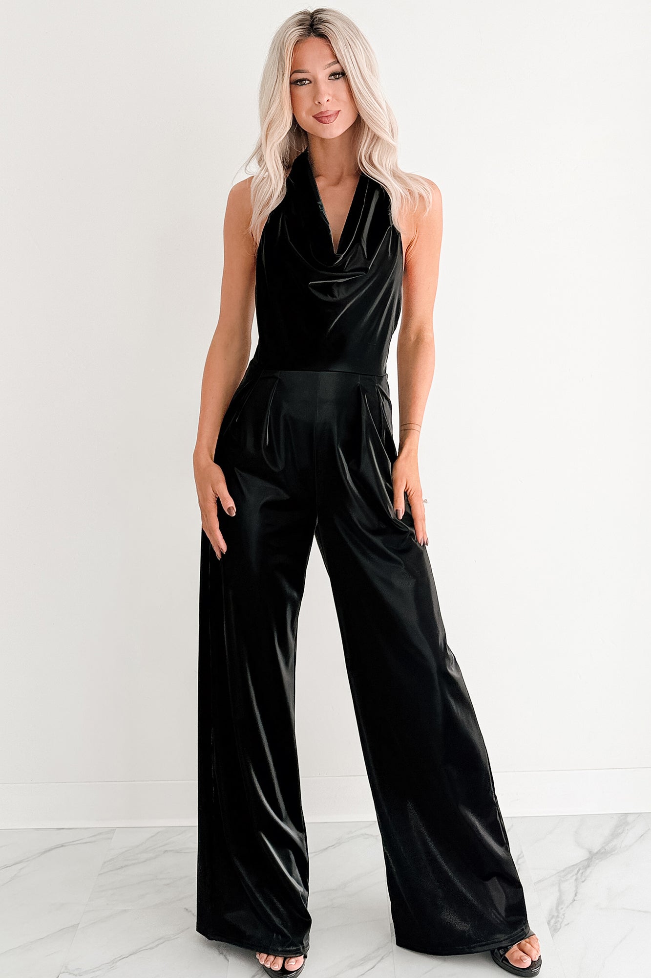 Meant To Win Faux Leather Halter Jumpsuit (Black) - NanaMacs