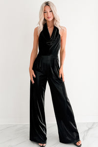 Meant To Win Faux Leather Halter Jumpsuit (Black) - NanaMacs