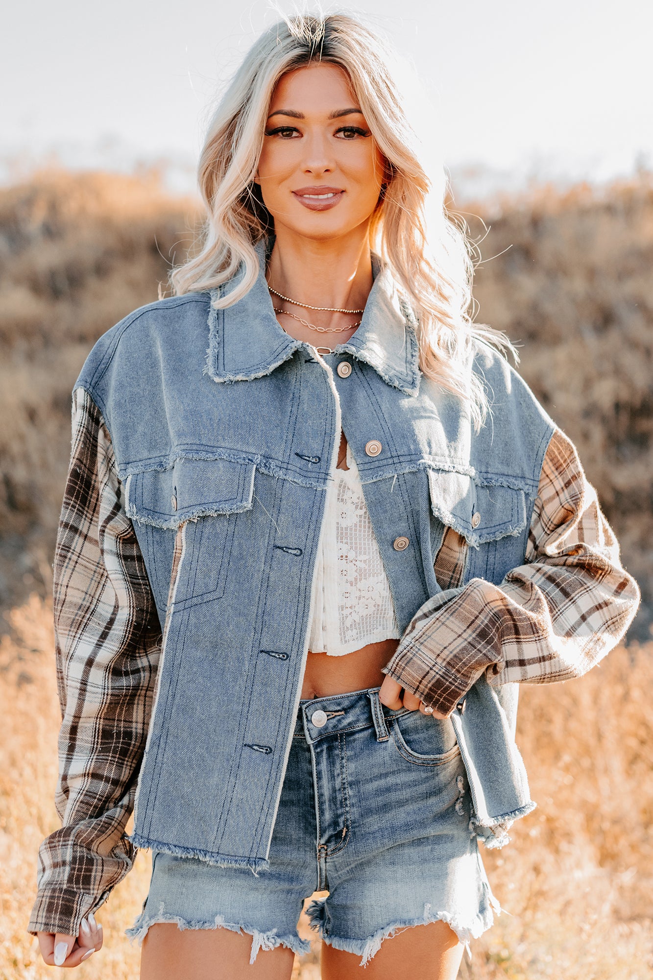 Daily Mode Plaid Denim Mix Jacket (Taupe Blend) - NanaMacs