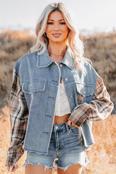 Daily Mode Plaid Denim Mix Jacket (Taupe Blend) - NanaMacs