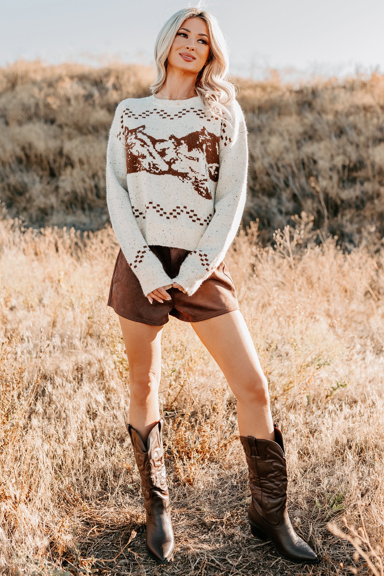 Rodeo Radiance Horse Pattern Knit Sweater (Oatmeal) - NanaMacs