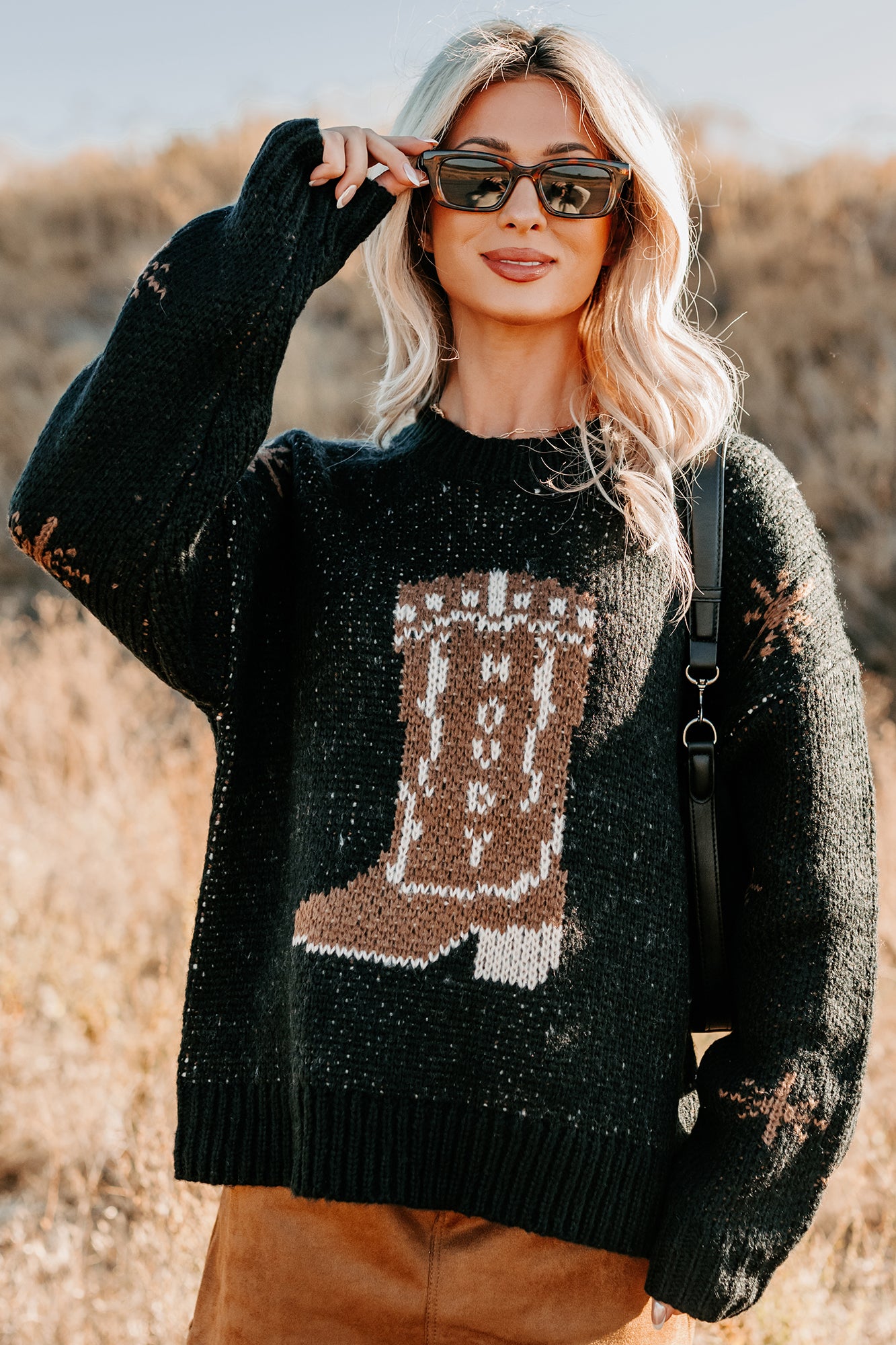 Raised On Rodeo Cowboy Boot Knit Sweater (Black) - NanaMacs