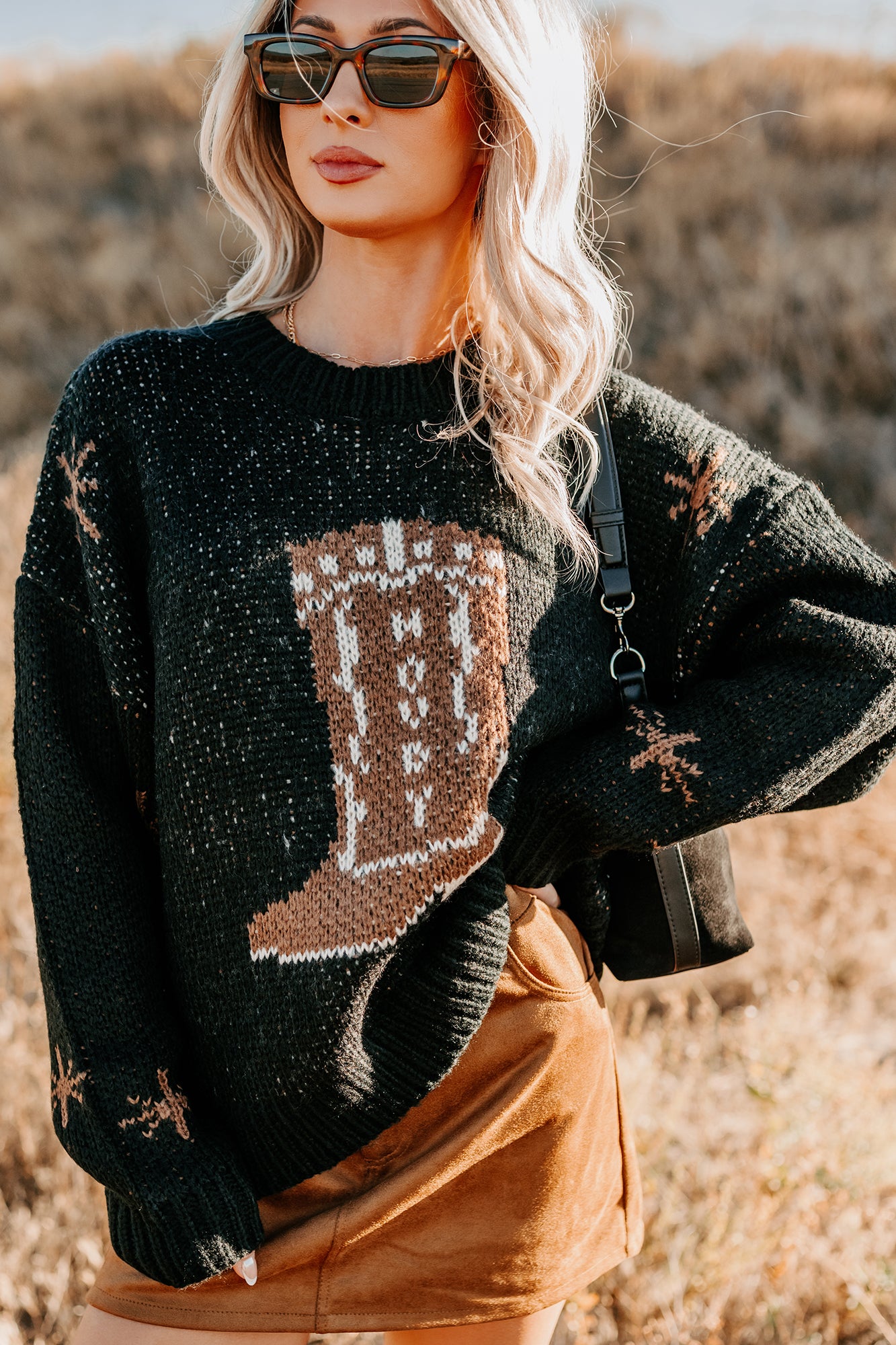 Raised On Rodeo Cowboy Boot Knit Sweater (Black) - NanaMacs