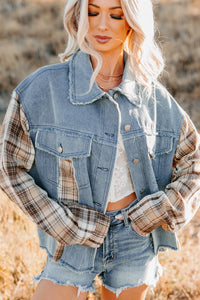 Daily Mode Plaid Denim Mix Jacket (Taupe Blend) - NanaMacs