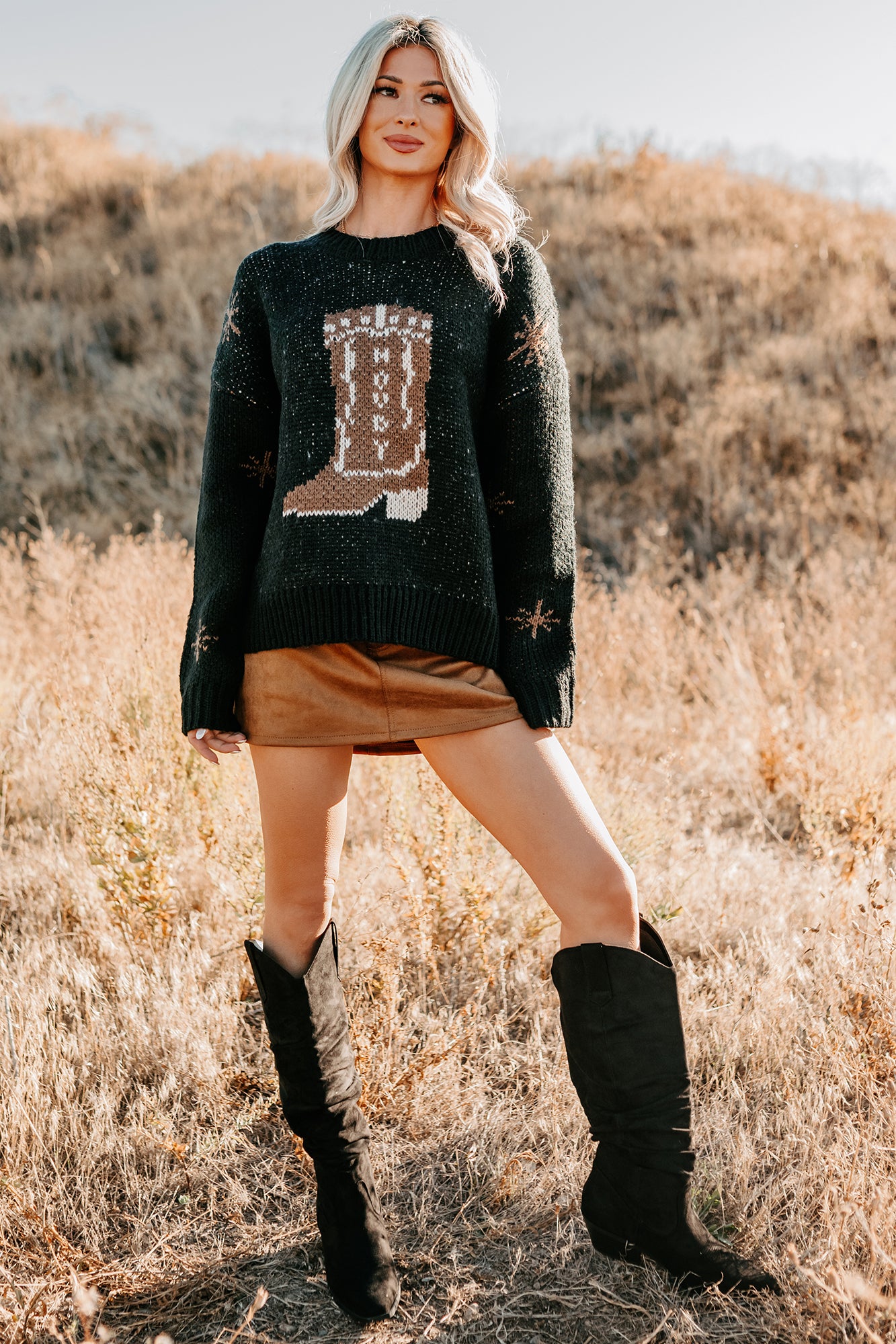 Raised On Rodeo Cowboy Boot Knit Sweater (Black) - NanaMacs