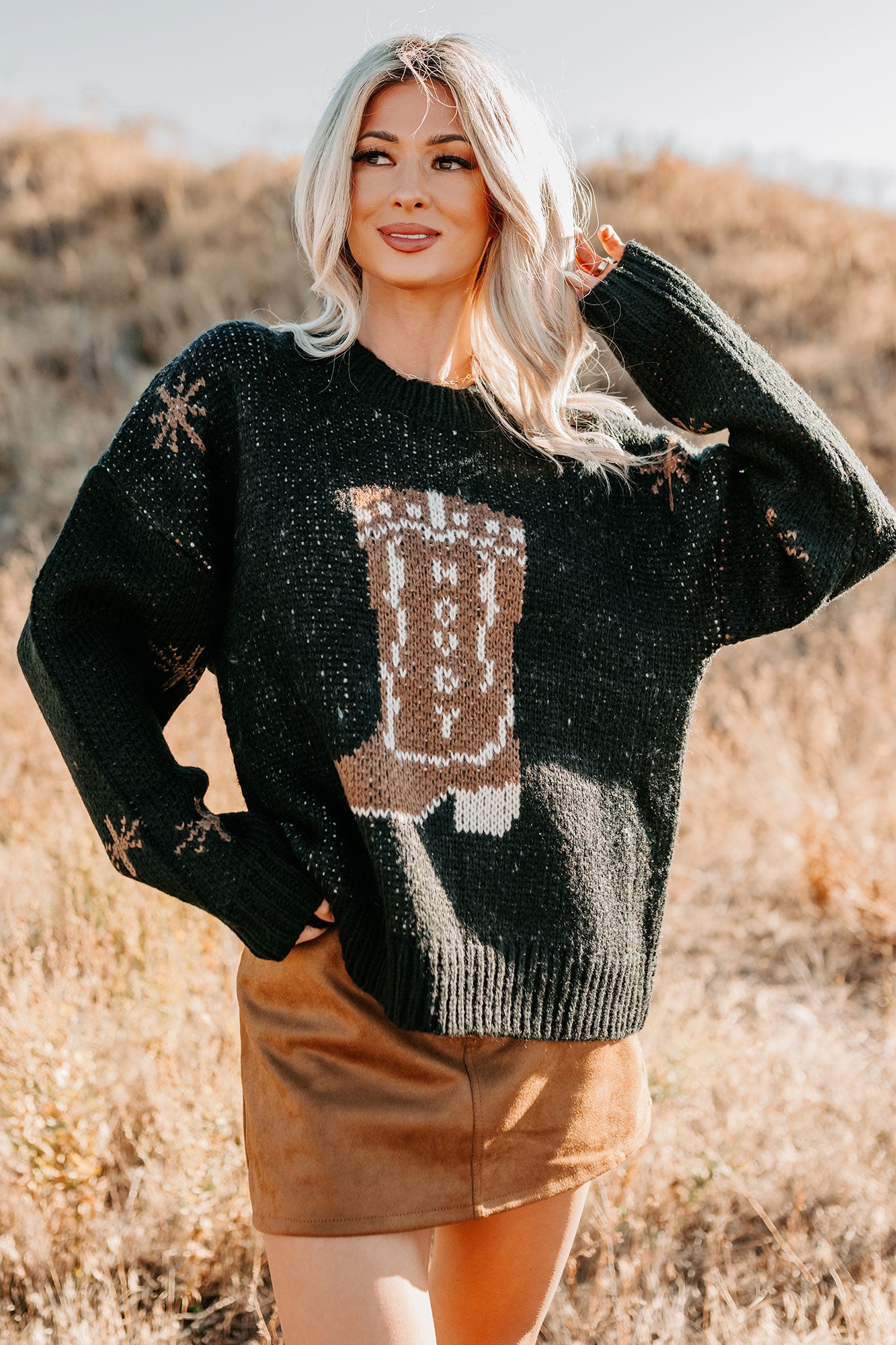 Raised On Rodeo Cowboy Boot Knit Sweater (Black) - NanaMacs