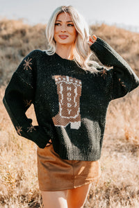 Raised On Rodeo Cowboy Boot Knit Sweater (Black) - NanaMacs