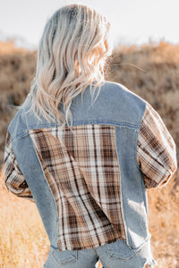 Daily Mode Plaid Denim Mix Jacket (Taupe Blend) - NanaMacs