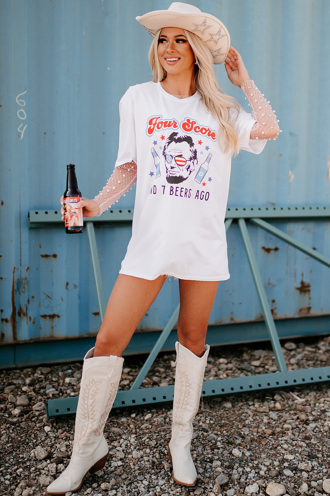 "Four Score And 7 Beers Ago" Graphic T-Shirt (White) - Print On Demand - NanaMacs