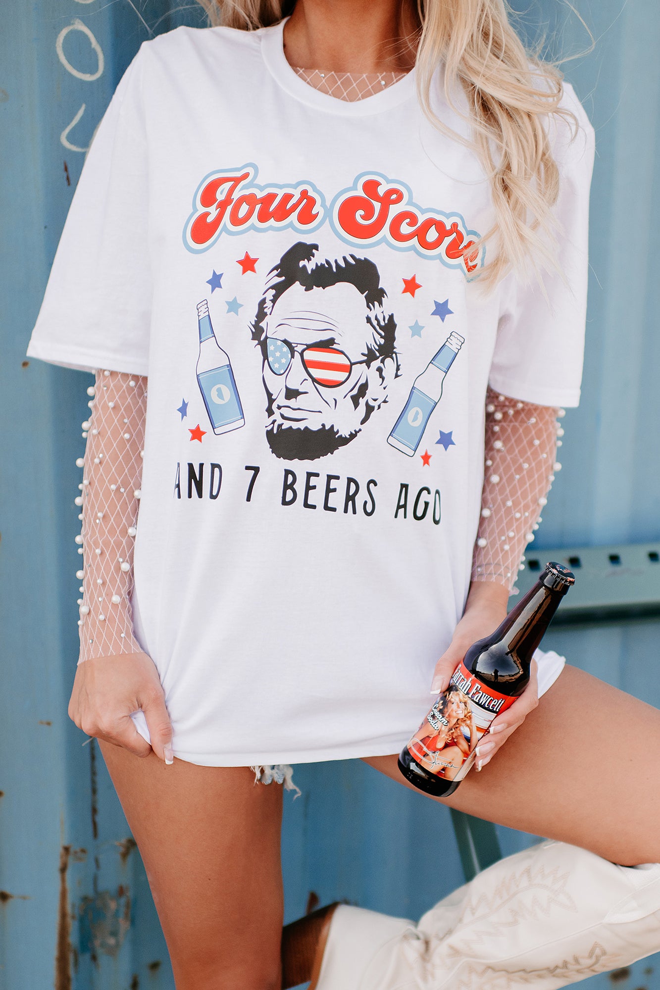 "Four Score And 7 Beers Ago" Graphic T-Shirt (White) - Print On Demand - NanaMacs