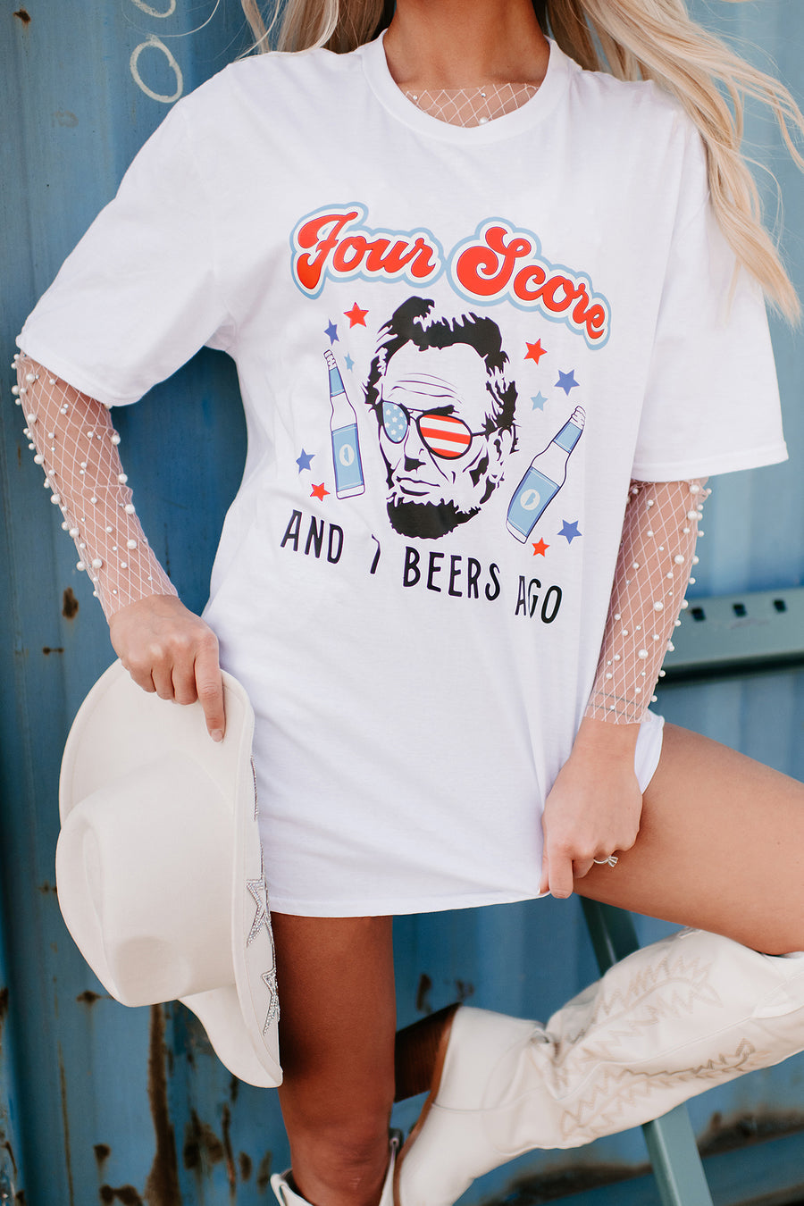 "Four Score And 7 Beers Ago" Graphic T-Shirt (White) - Print On Demand - NanaMacs