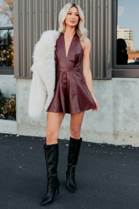 Do It Big Faux Leather Halter Romper (Red Wine) - NanaMacs
