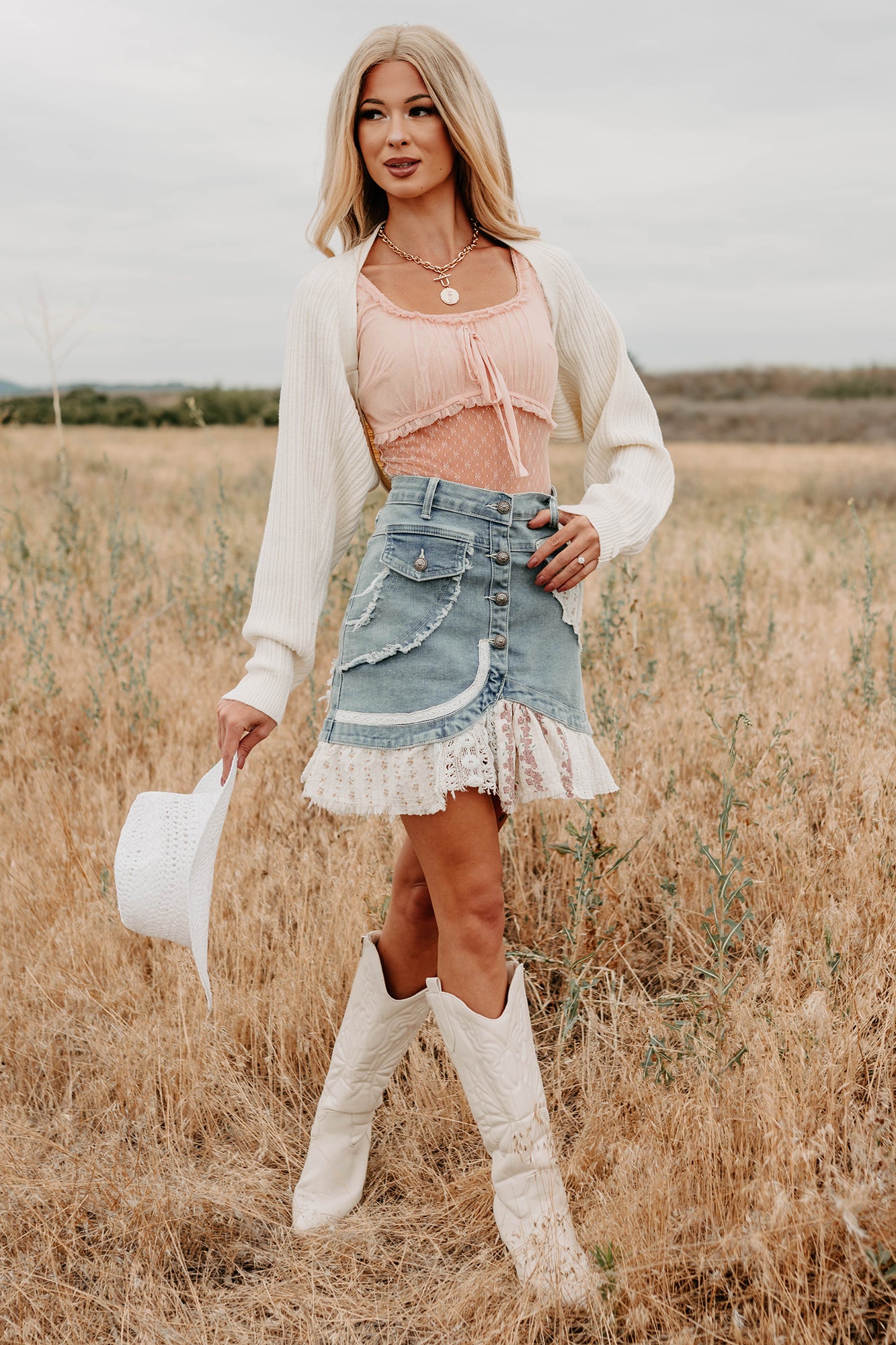 Let's Stick Together Patchwork Mini POL Skirt (Denim) - NanaMacs