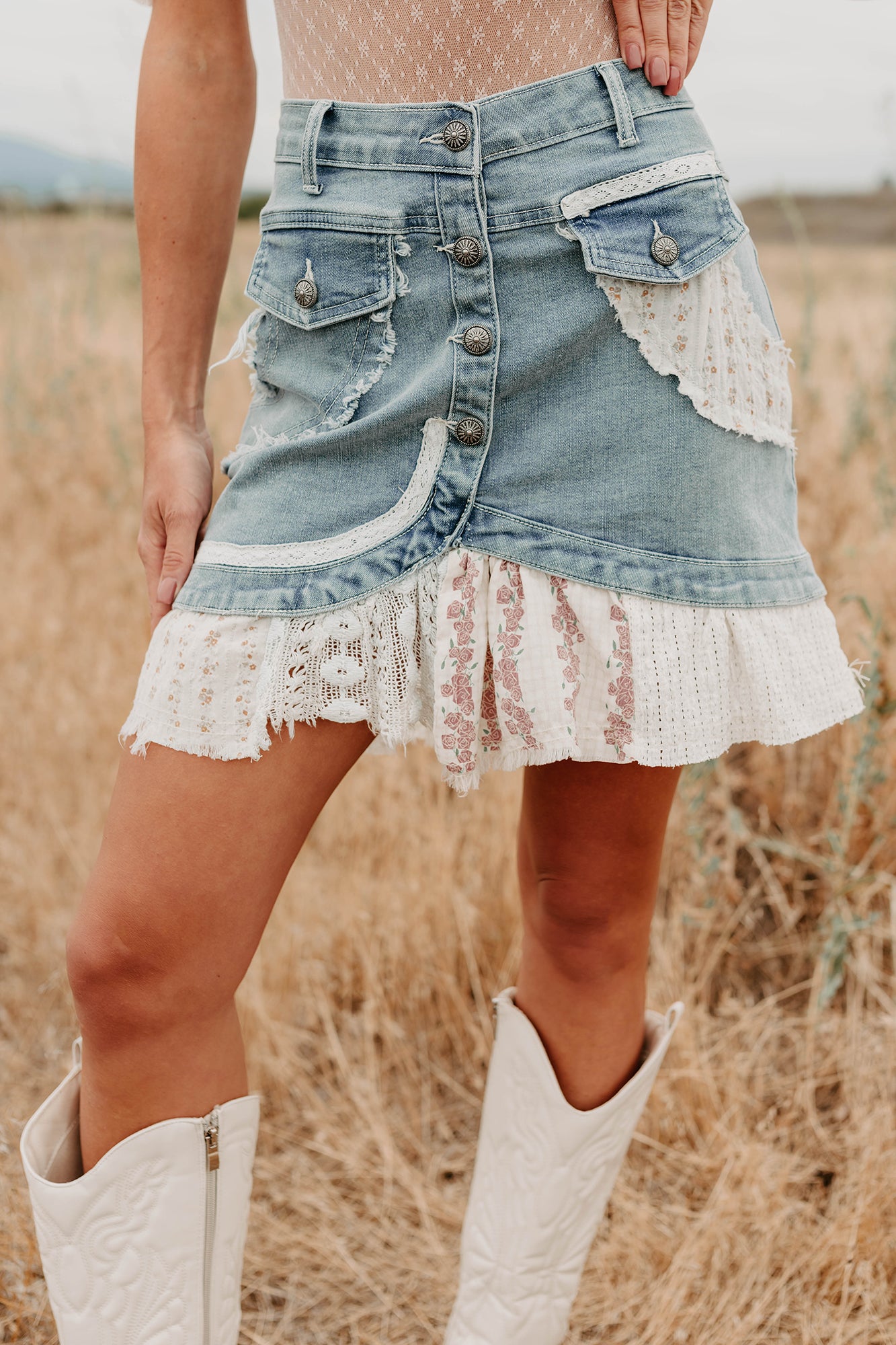 Let's Stick Together Patchwork Mini POL Skirt (Denim) - NanaMacs