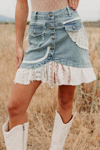 Let's Stick Together Patchwork Mini POL Skirt (Denim) - NanaMacs