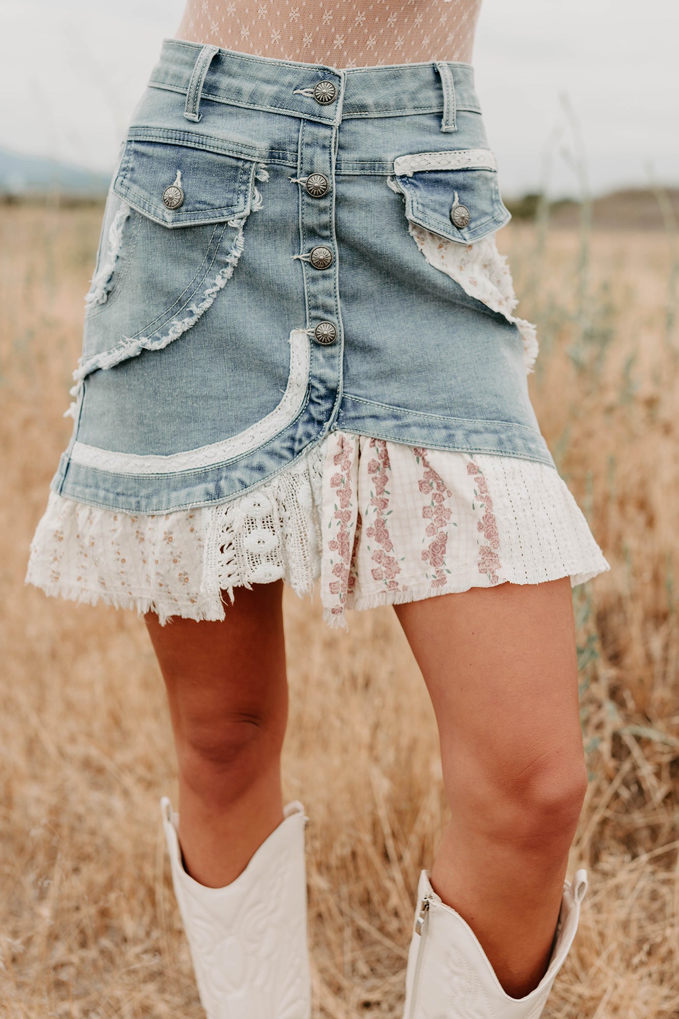 Let's Stick Together Patchwork Mini POL Skirt (Denim) - NanaMacs