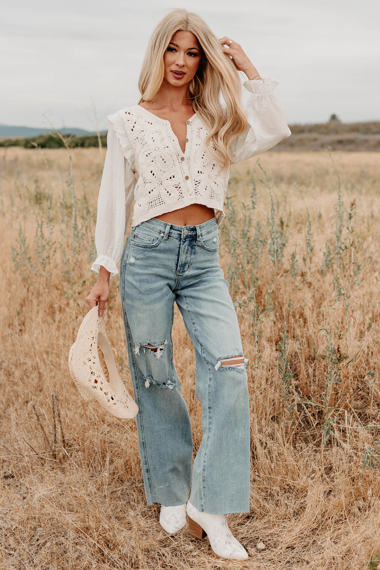 Grace & Flare Crochet Knit Blouse (Natural) - NanaMacs