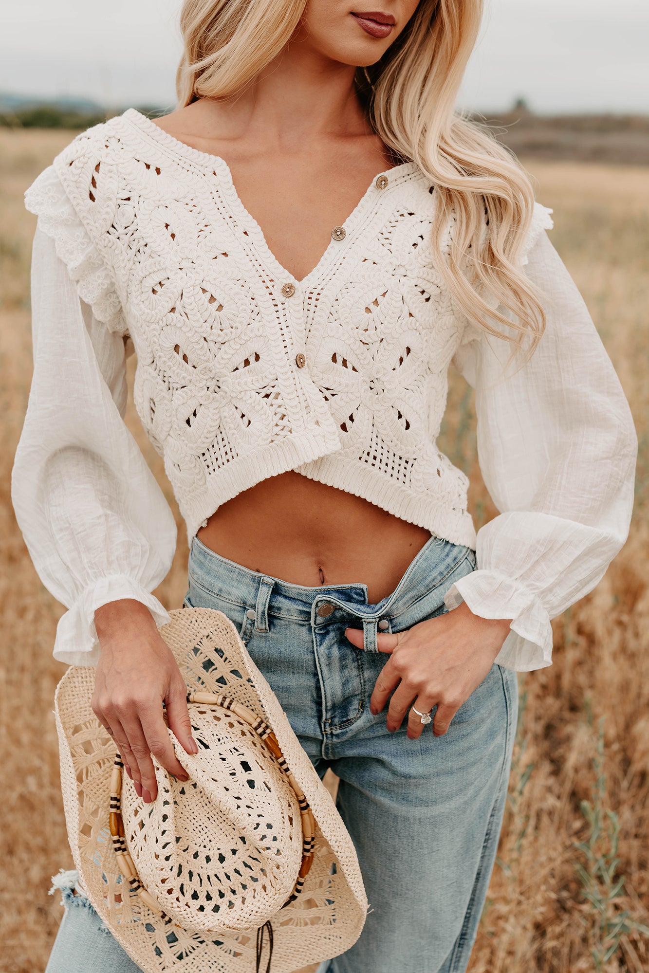 Grace & Flare Crochet Knit Blouse (Natural) - NanaMacs