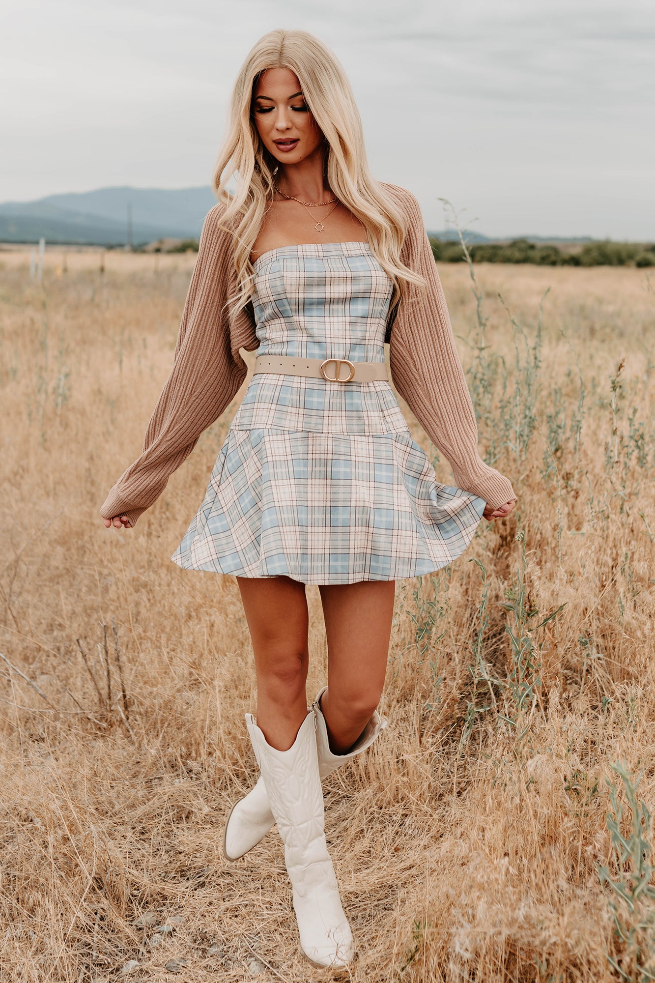 Women's Hold Me Here Strapless Plaid Mini Dress in Light Blue