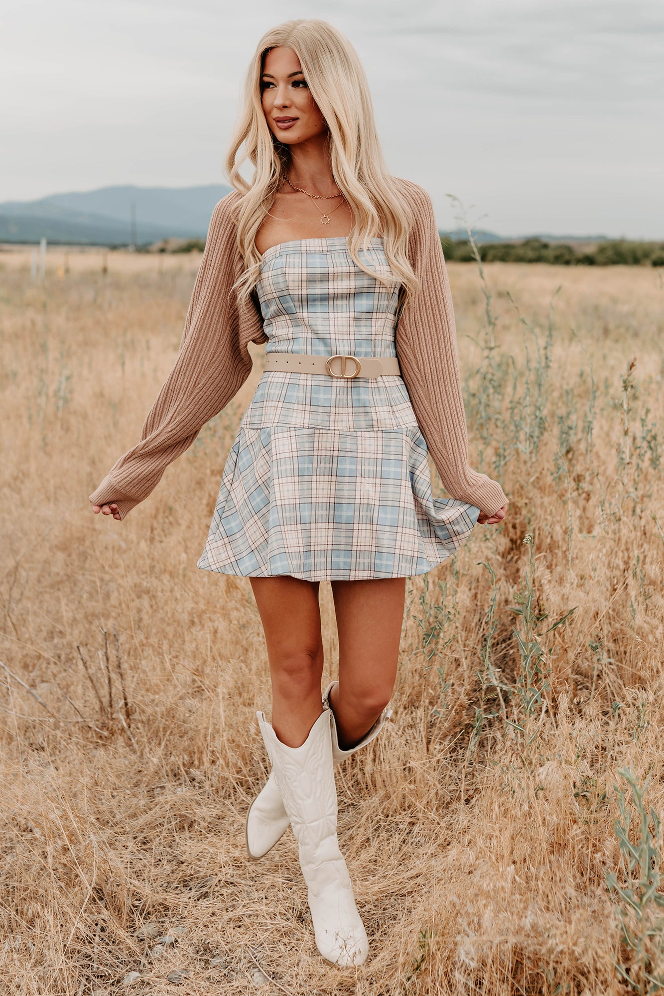 plaid mini dresses Women's Hold Me Here Strapless Plaid Mini Dress in Light Blue