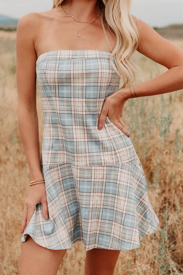 Hold Me Here Strapless Plaid Mini Dress (Light Blue) - NanaMacs