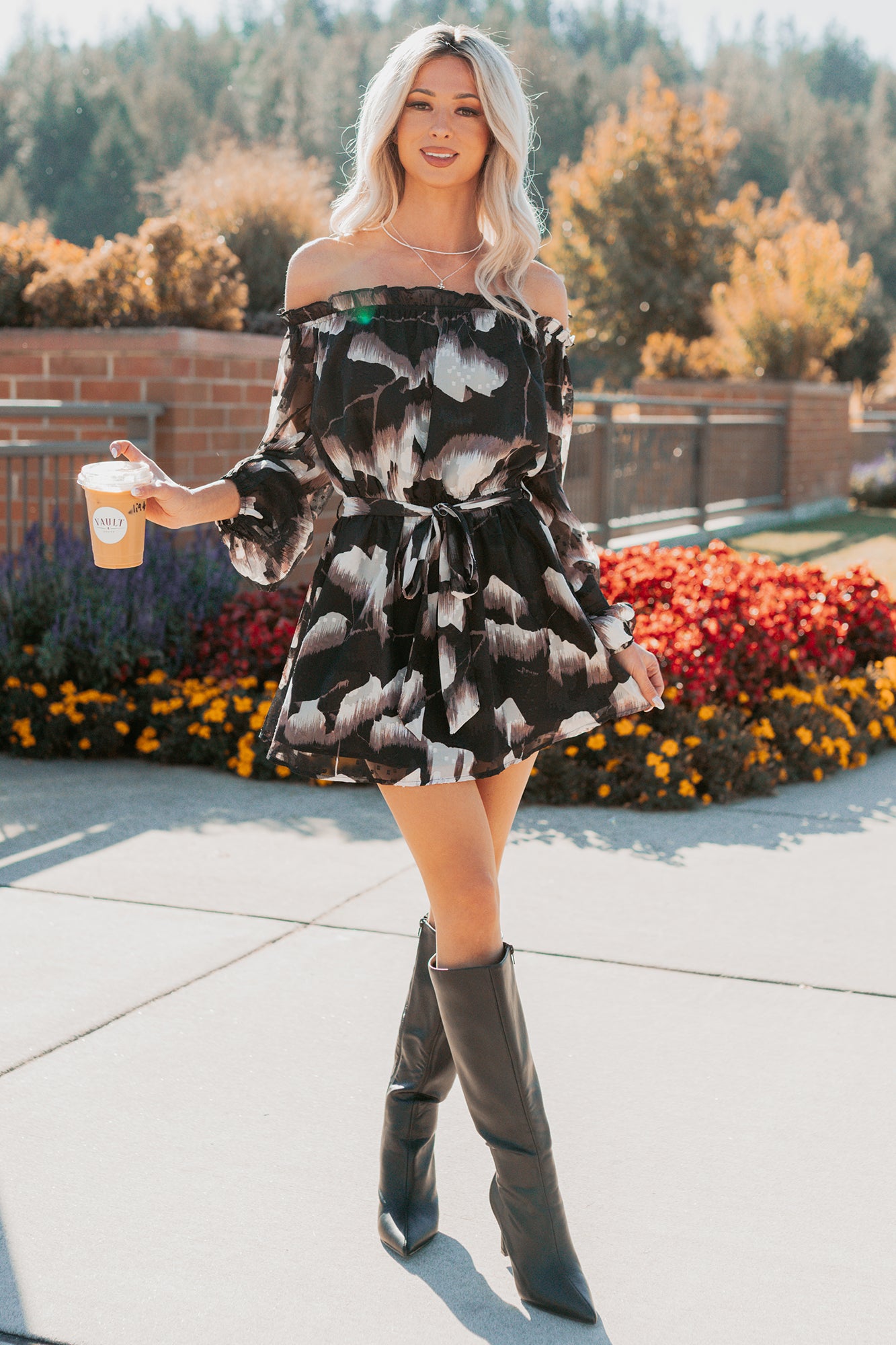 Chic Reign Off The Shoulder Mini Dress (Black Combo) - NanaMacs