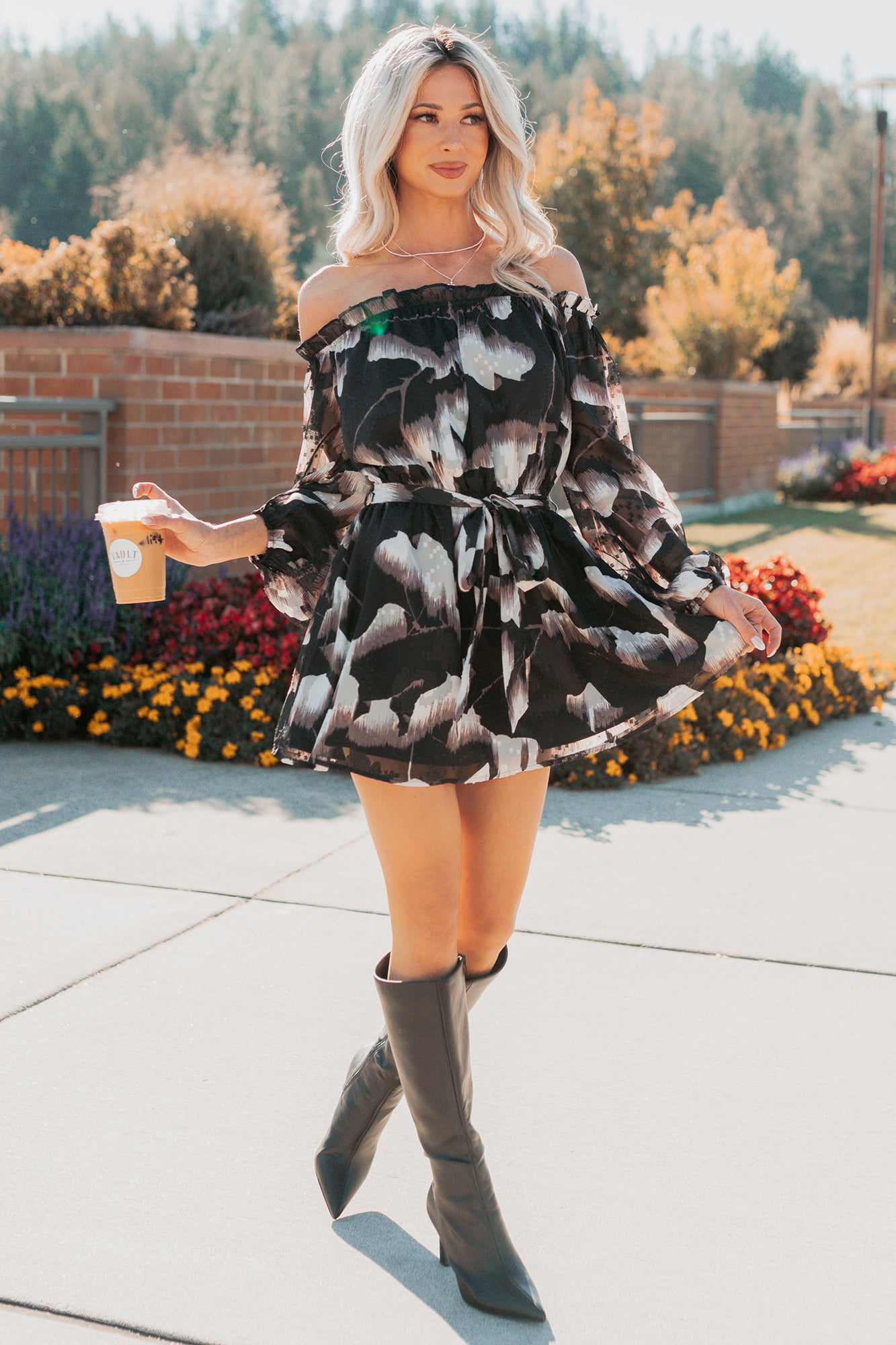 Chic Reign Off The Shoulder Mini Dress (Black Combo) - NanaMacs